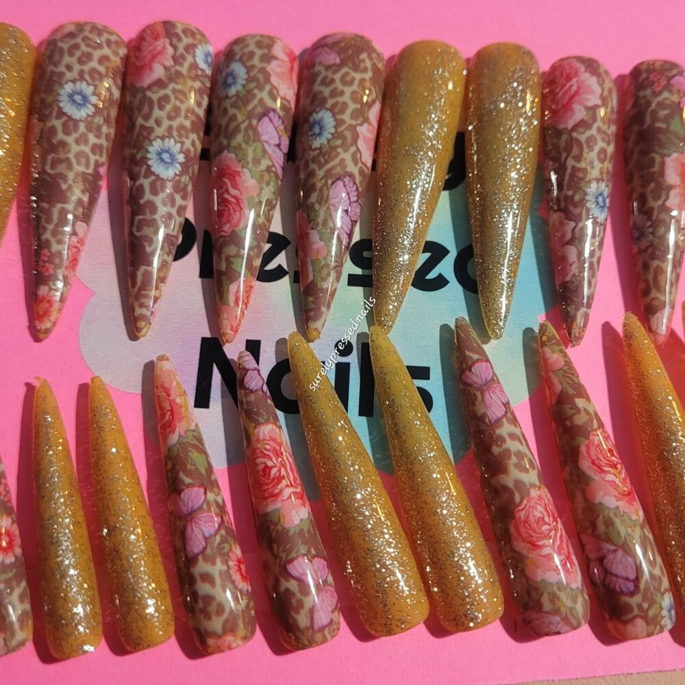 Floral Orange Shimmer Leopard Print Stiletto Press on Nails